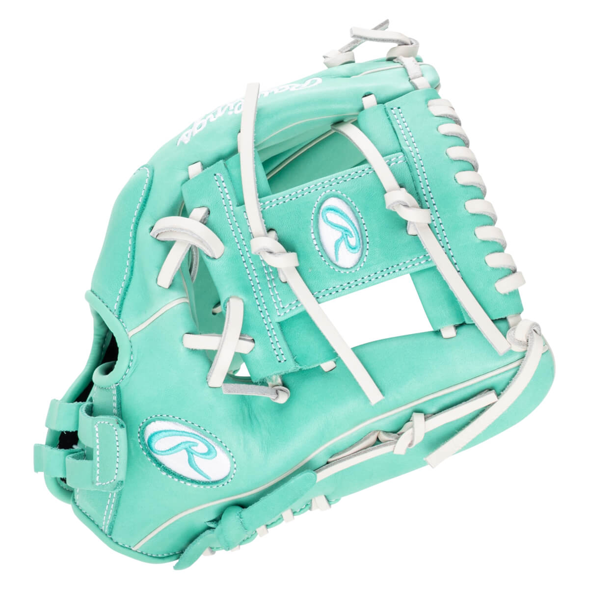 Front view of a teal baseball glove with white lacing and a Rawlings logo.
