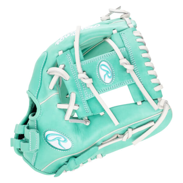 Front view of a teal baseball glove with white lacing and a Rawlings logo.