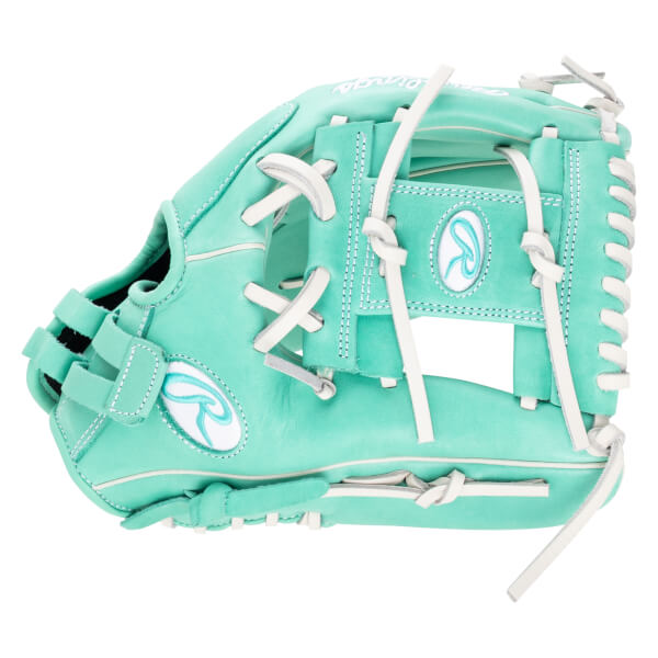 Side view of a teal baseball glove with white laces and a white Rawlings logo.