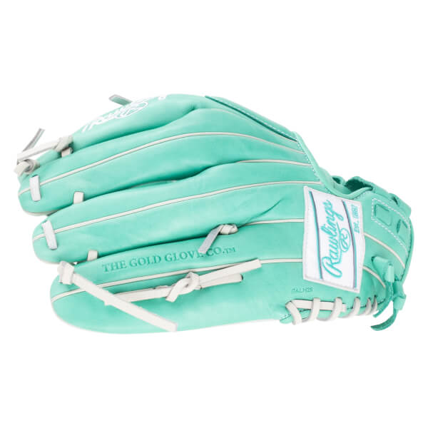 Side view of a teal Rawlings baseball glove with white lacing and a white patch reading "Rawlings Est. 1887".