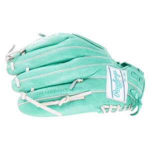 Side view of a teal Rawlings baseball glove with white lacing and a white patch reading "Rawlings Est. 1887".