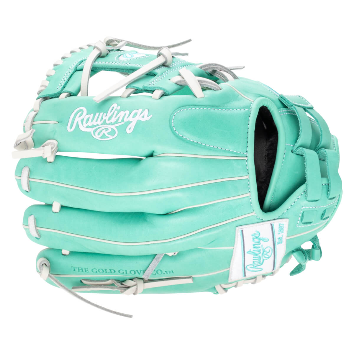 Front view of a teal Rawlings baseball glove with white stitching and "Rawlings" logo.