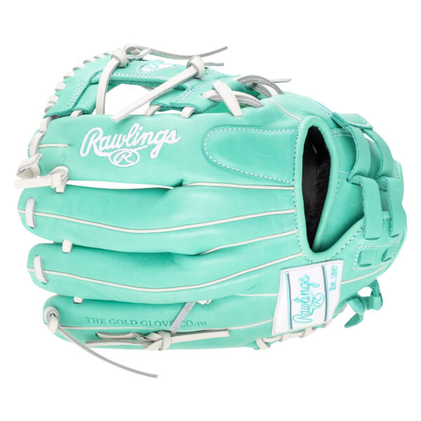 Front view of a teal Rawlings baseball glove with white stitching and "Rawlings" logo.