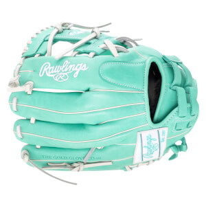 Front view of a teal Rawlings baseball glove with white stitching and "Rawlings" logo.