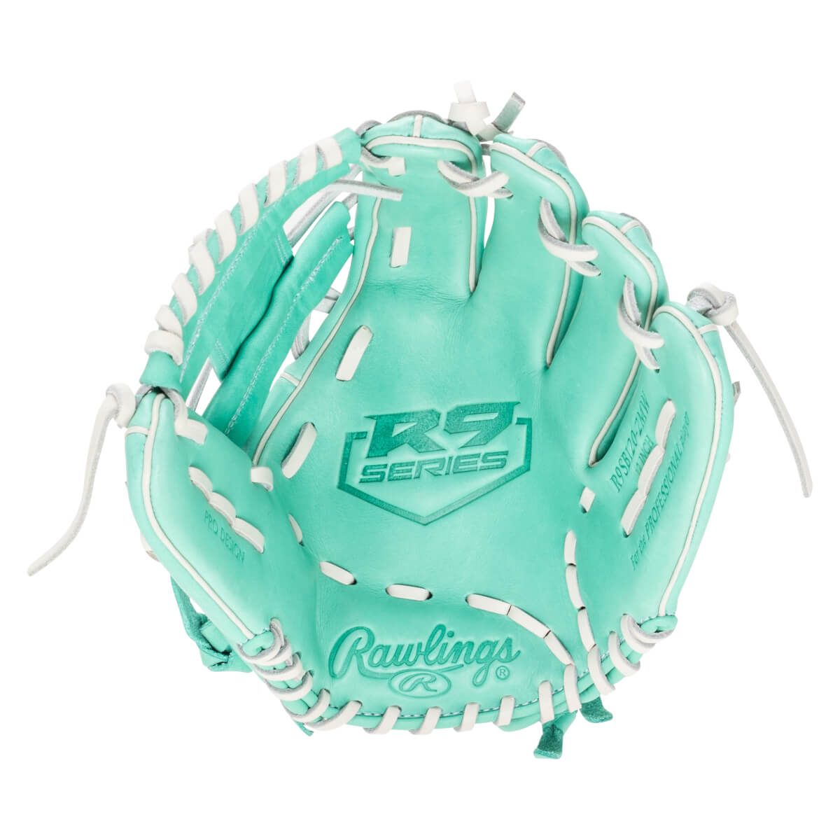 Top-down view of a teal Rawlings R9 Series baseball glove with white lacing and "PRO DESIGN" embossed on the palm.