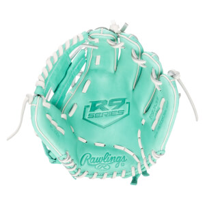 Top-down view of a teal Rawlings R9 Series baseball glove with white lacing and "PRO DESIGN" embossed on the palm.