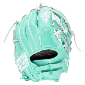 Front view of a teal Rawlings baseball glove with white stitching and "Rawlings" logo.