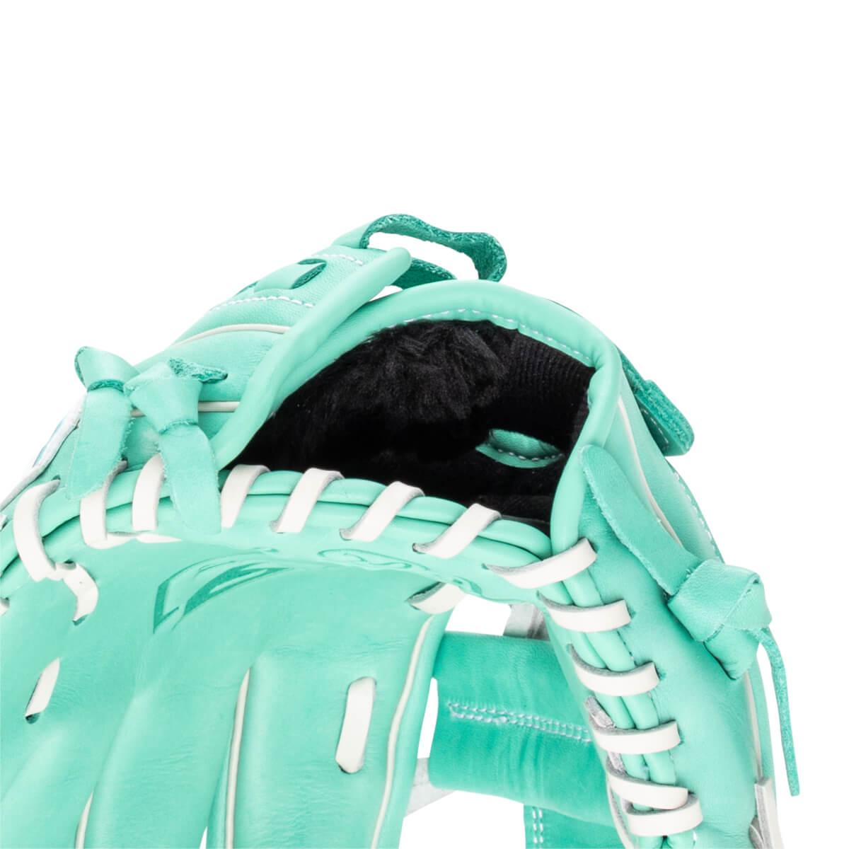 Close-up of a teal baseball glove's interior showing black lining and white lacing.