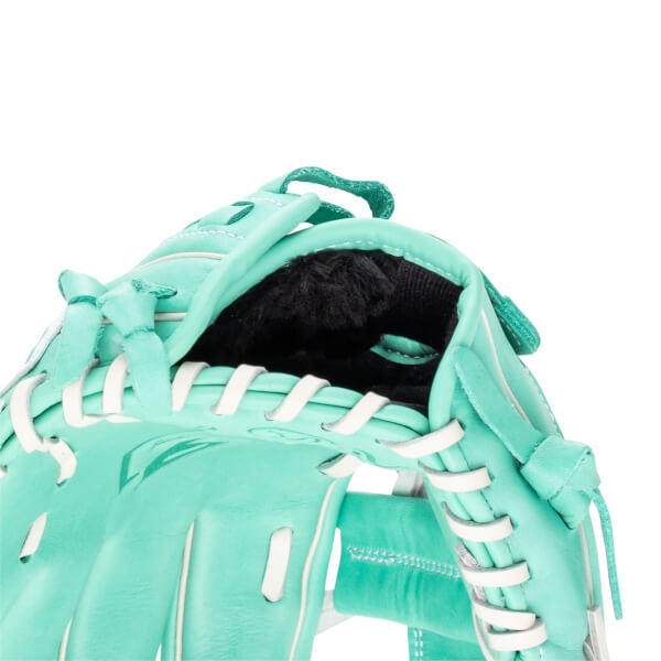 Close-up of a teal baseball glove's interior showing black lining and white lacing.