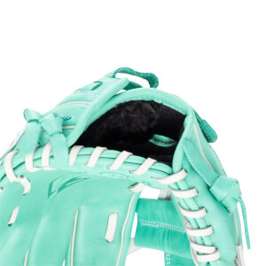 Close-up of a teal baseball glove's interior showing black lining and white lacing.