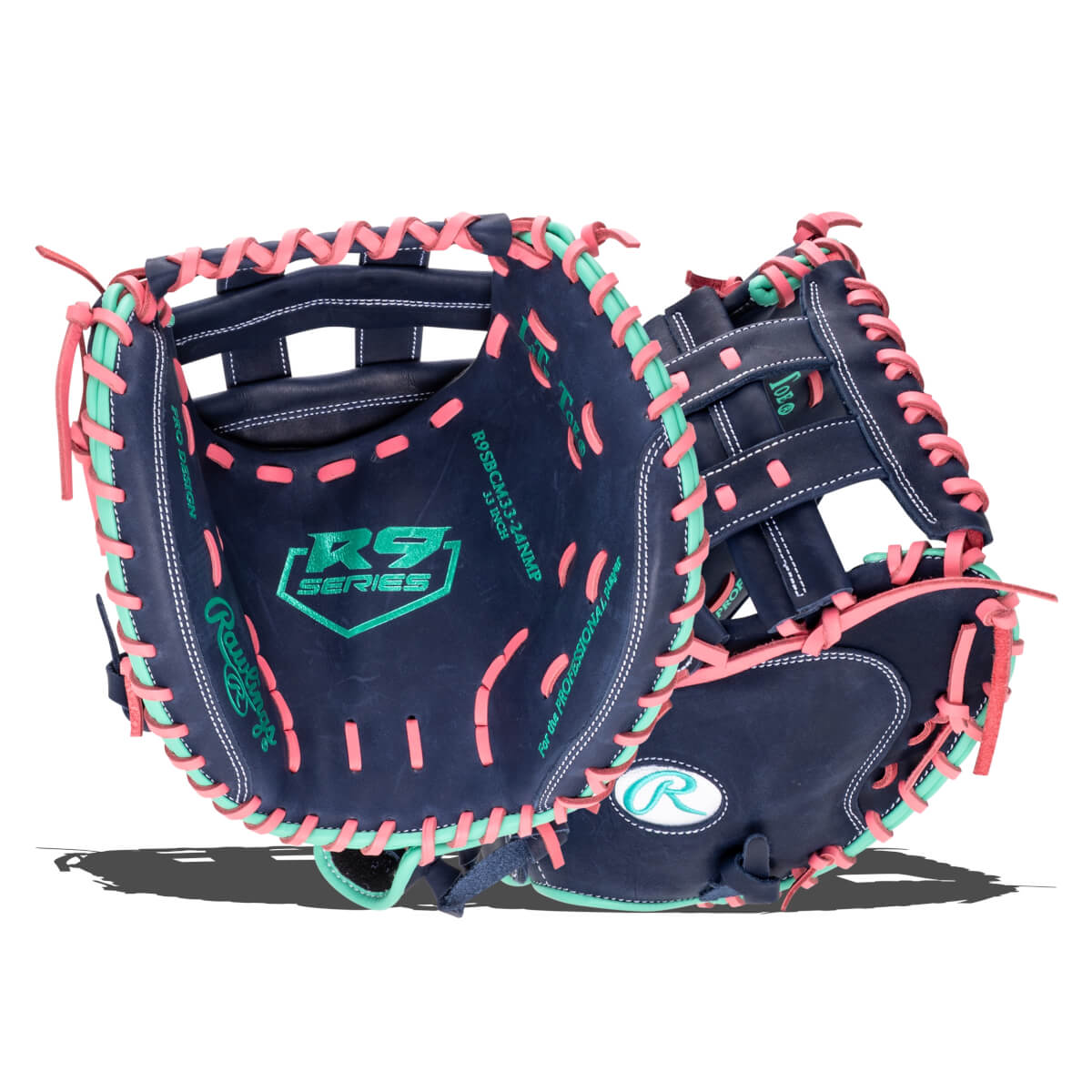 Top-down view of a navy baseball glove with pink and teal lacing, featuring "R9 SERIES" and "PRO DESIGN" text.