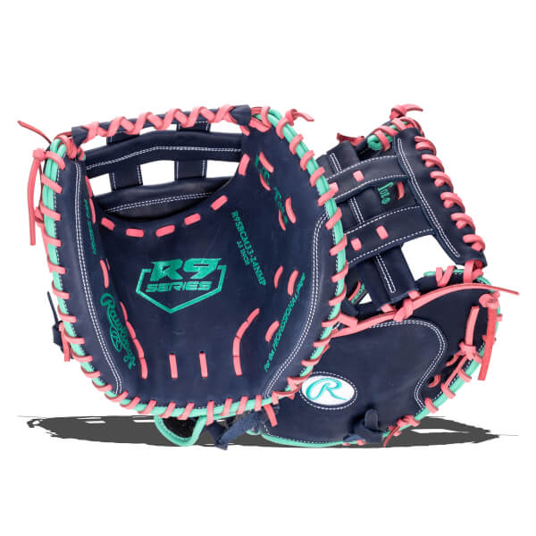 Top-down view of a navy baseball glove with pink and teal lacing, featuring "R9 SERIES" and "PRO DESIGN" text.