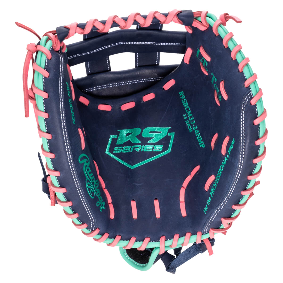 Top-down view of a navy baseball glove with pink and mint green lacing, featuring the "R9 SERIES" logo.