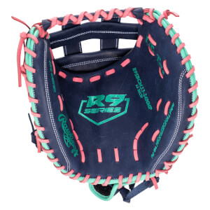 Top-down view of a navy baseball glove with pink and mint green lacing, featuring the "R9 SERIES" logo.