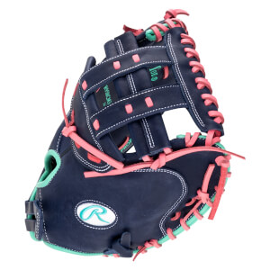 Side view of a navy baseball glove with pink and teal lacing and a white Rawlings logo.