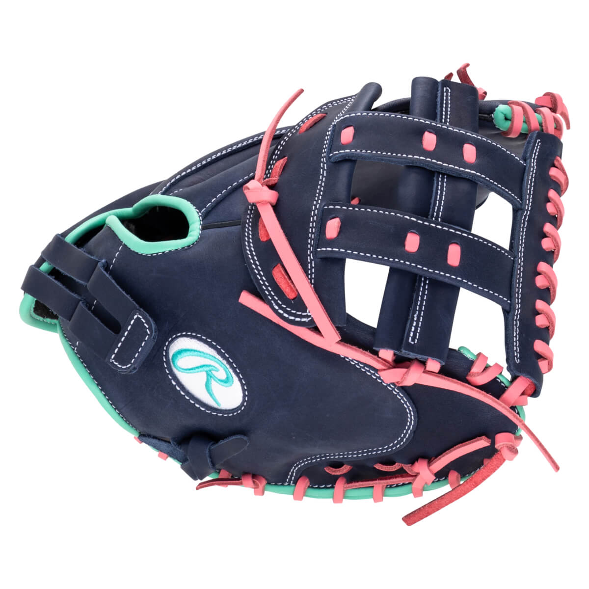 Side view of a navy baseball glove with pink lacing and a teal lining, featuring the Rawlings logo.
