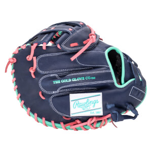 Side view of a navy baseball glove with pink and teal lacing, featuring "THE GOLD GLOVE CO.â„¢" and a Rawlings logo.