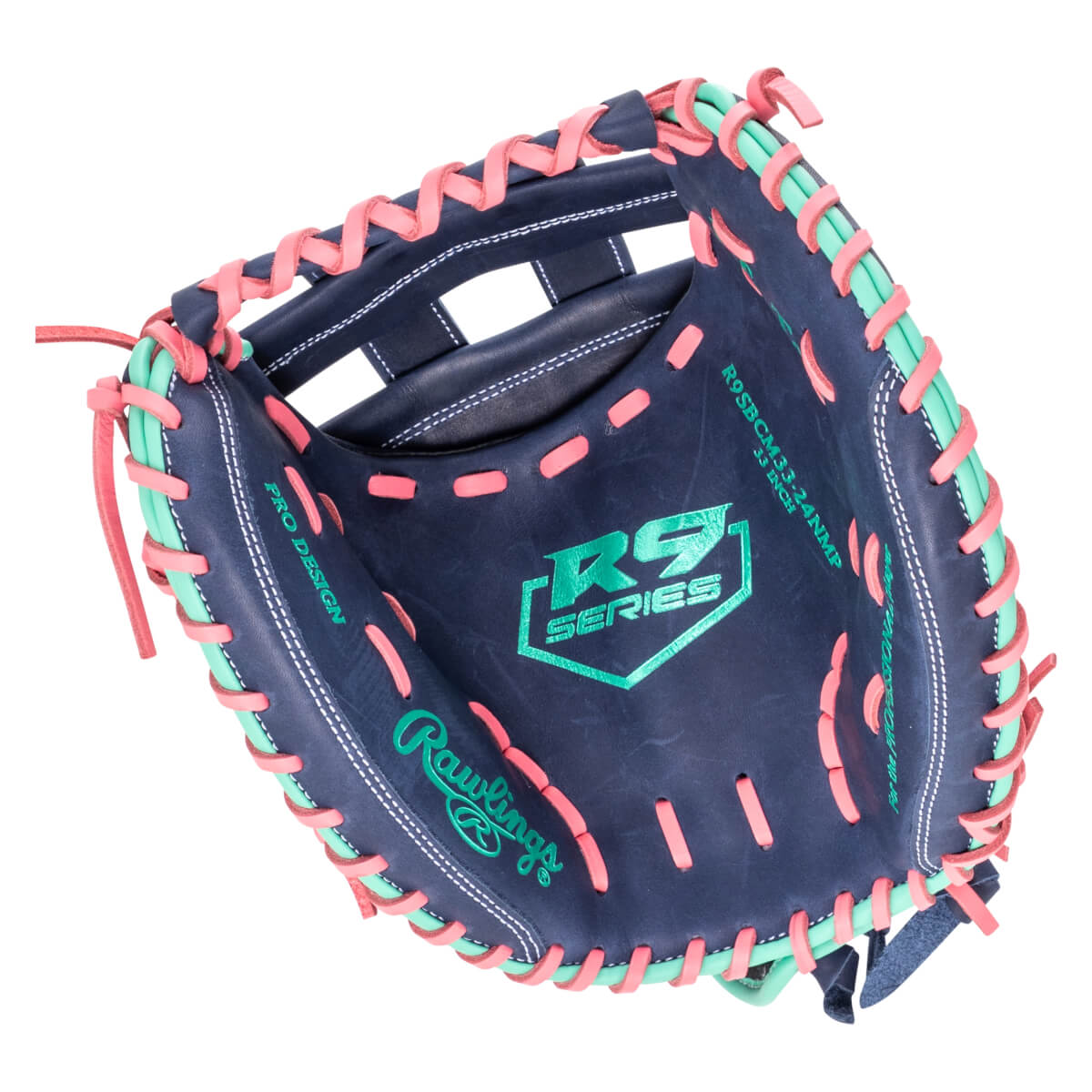 Top-down view of a navy baseball glove with pink and teal lacing, featuring "R9 SERIES" and "Rawlings" logos.