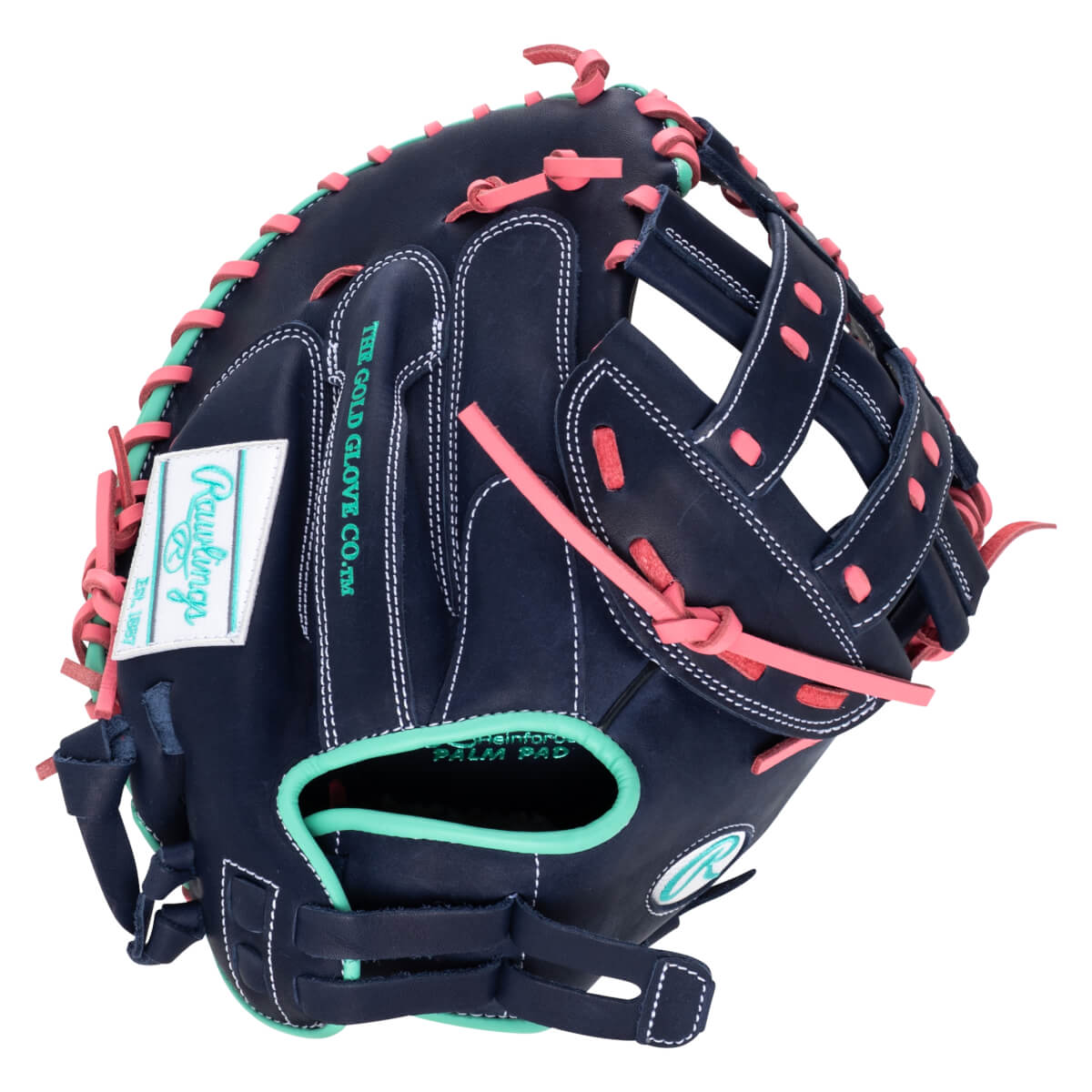 Top-down view of a navy baseball glove with pink and teal stitching and laces, featuring a Rawlings logo.