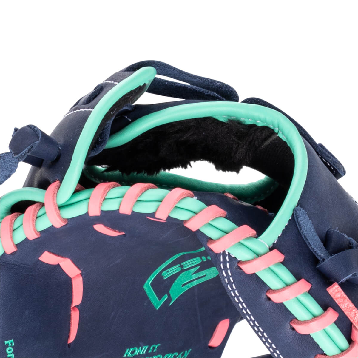 Close-up of a navy baseball glove with mint green and coral lacing, showing the "EZ" logo.