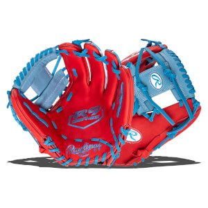 Top-down view of red and blue baseball gloves with "R9 SERIES" and "Rawlings" logos.