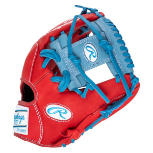 Corner view of a red Rawlings R9 Americana baseball glove with light blue laces and accents, featuring the Rawlings R logo.