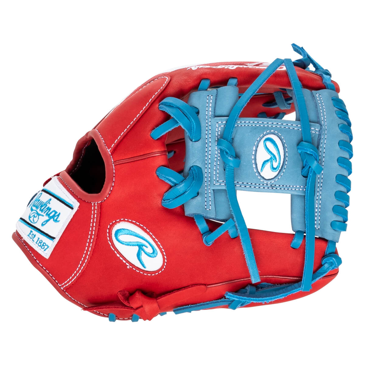 Side view of a red baseball glove with blue laces and a white Rawlings logo patch that says "Est. 1887".