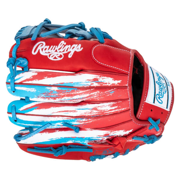 Front view of a red baseball glove with blue laces and a distressed red, white, and blue stripe pattern.