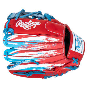 Front view of a red baseball glove with blue laces and a distressed red, white, and blue stripe pattern.
