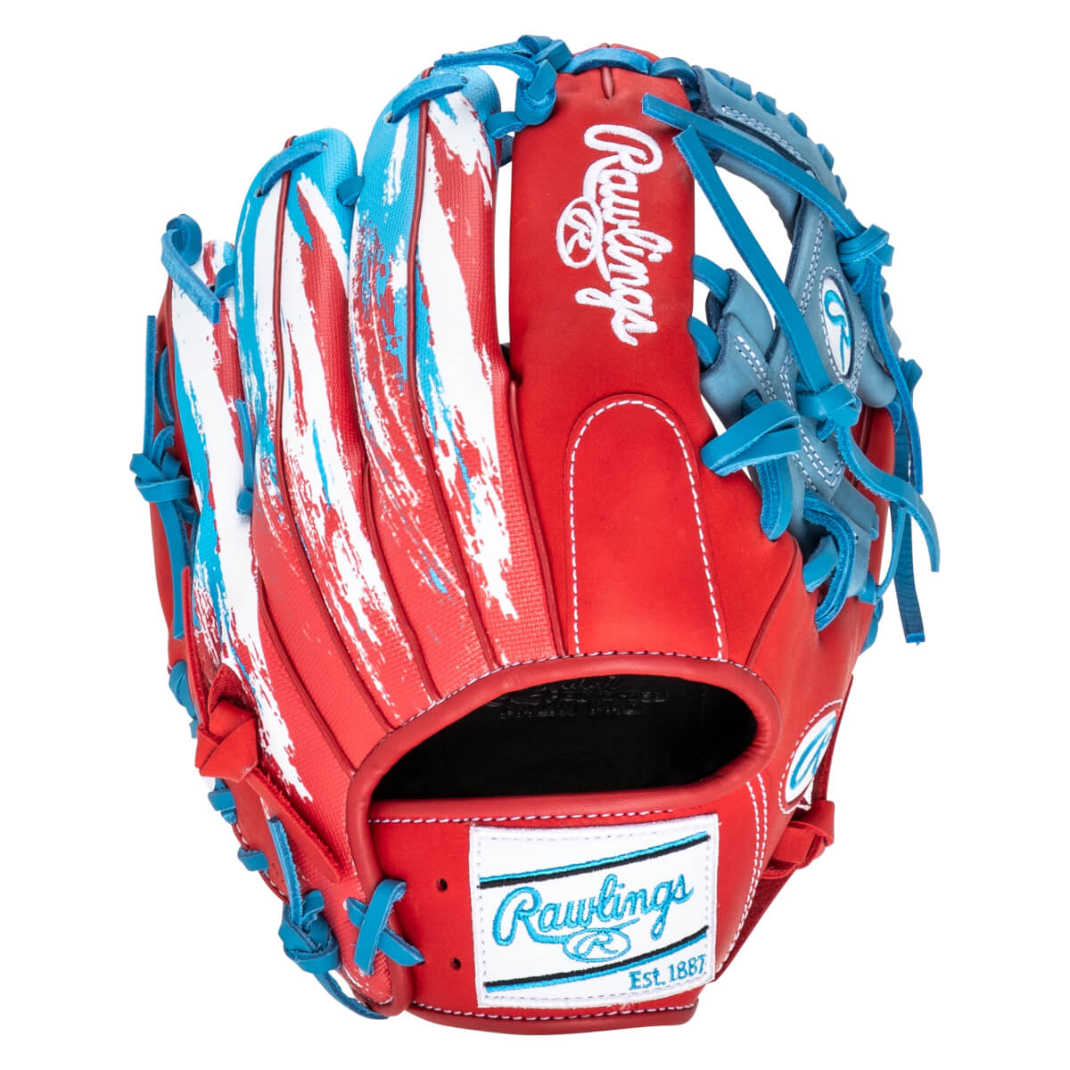Front view of a red baseball glove with a distressed white and blue stripe pattern and blue lacing.