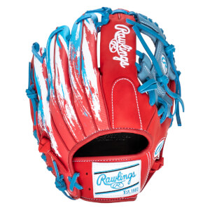 Front view of a red baseball glove with a distressed white and blue stripe pattern and blue lacing.
