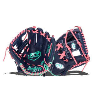 Front view of a navy baseball glove with pink and teal lacing, featuring "R9 SERIES" and "Rawlings" logos.