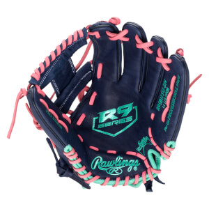 Front view of a navy baseball glove with pink and teal lacing, featuring "R9 SERIES" and "Rawlings" logos.