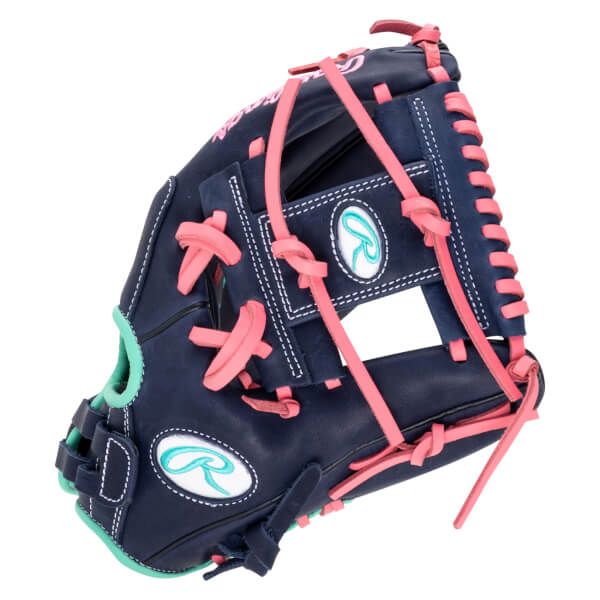 Front view of a navy baseball glove with pink lacing and a teal trim, featuring the Rawlings logo.