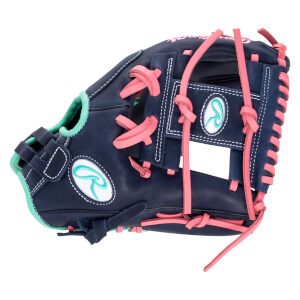 Side view of a navy baseball glove with pink lacing and a teal Rawlings logo.