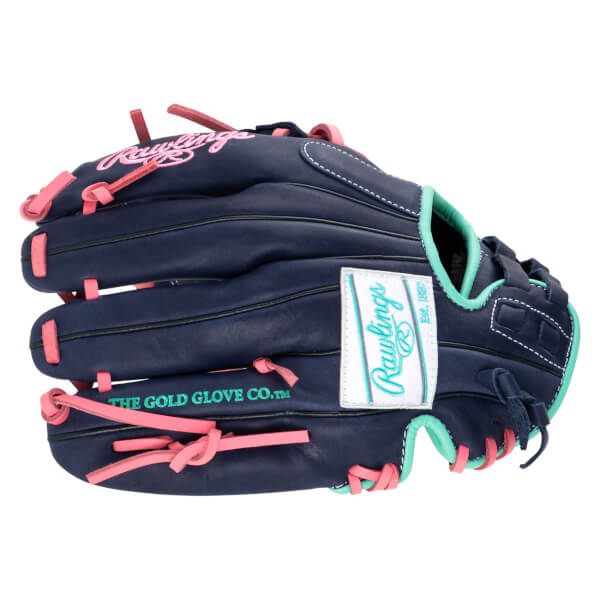 Front view of a navy Rawlings baseball glove with pink lacing and a white patch that says "Rawlings Est. 1887".
