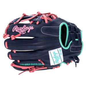 Front view of a navy baseball glove with pink lacing and green accents, featuring "Rawlings" embroidered in pink.