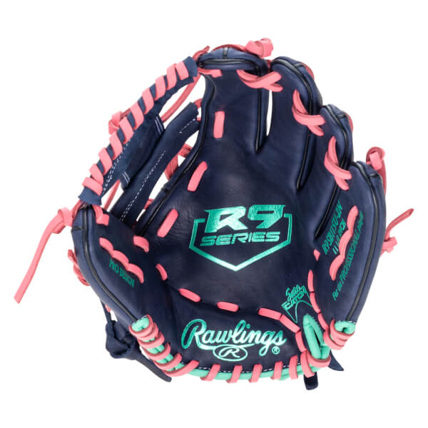 Top-down view of a navy baseball glove with bright pink and teal lacing, featuring "Rawlings" and "R9 SERIES" logos.
