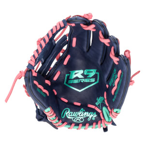 Top-down view of a navy baseball glove with bright pink and teal lacing, featuring "Rawlings" and "R9 SERIES" logos.