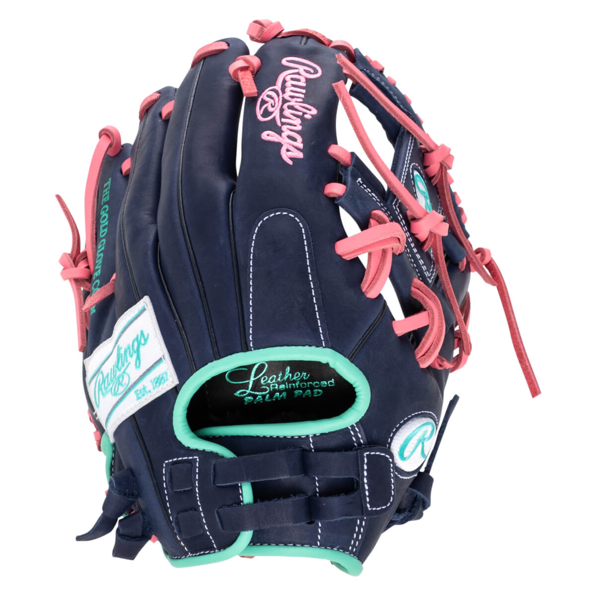 Front view of a navy baseball glove with pink lacing and "Rawlings" logo.