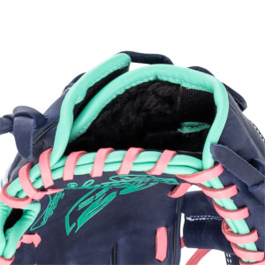Close-up of a navy baseball glove with teal and pink lacing, showing the Rawlings logo.