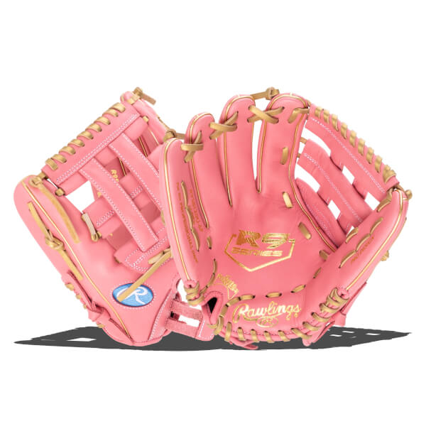 Front view of a pink Rawlings R9 Series baseball glove with gold accents and lettering.