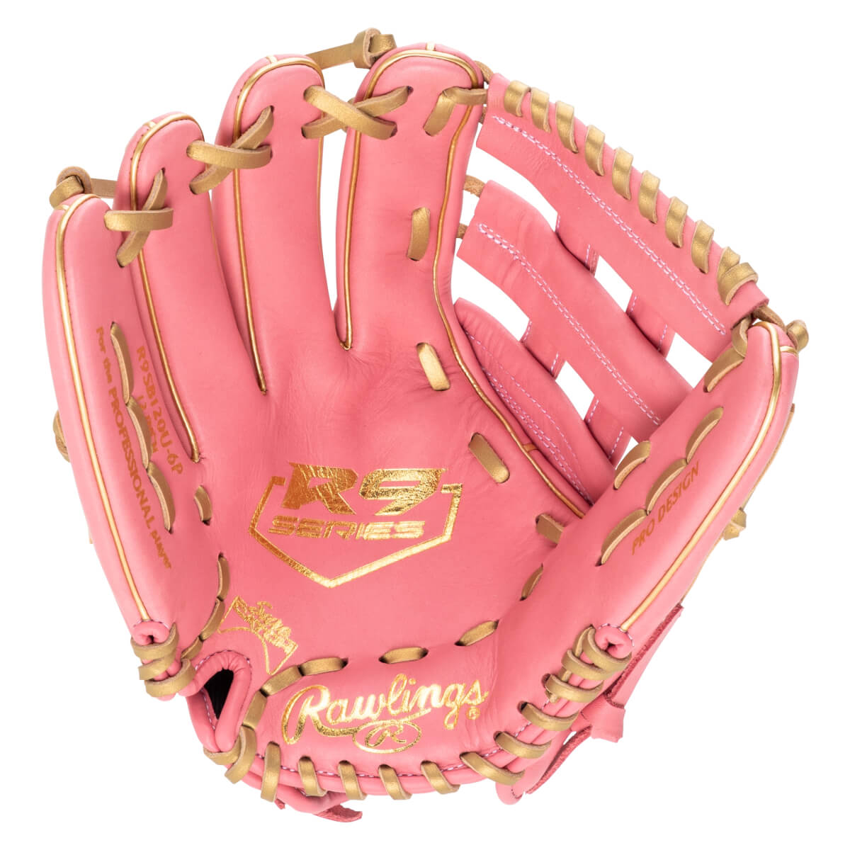 Top-down view of a pink Rawlings baseball glove with gold lacing and gold "Rawlings" logo.