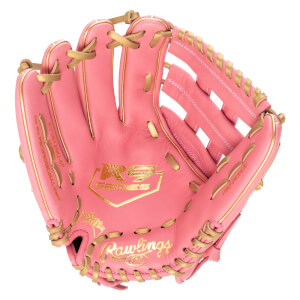 Top-down view of a pink Rawlings baseball glove with gold lacing and gold "Rawlings" logo.