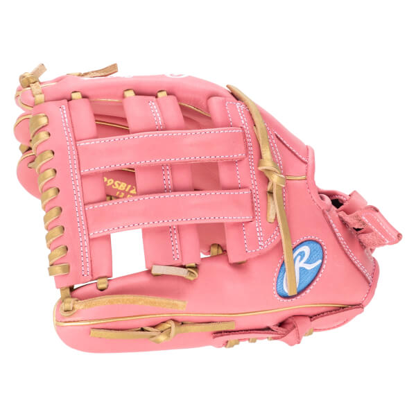 Side view of a pink baseball glove with gold lacing and a blue Rawlings logo.