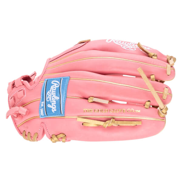 Top-down view of a pink Rawlings baseball glove with gold trim and "THE GOLD GLOVE CO." text.