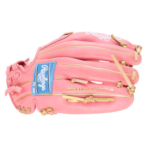 Top-down view of a pink Rawlings baseball glove with gold trim and "THE GOLD GLOVE CO." text.