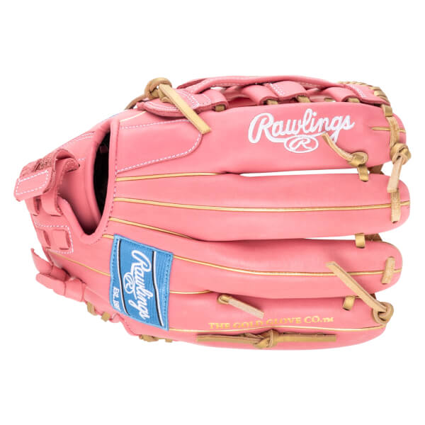 Front view of a pink Rawlings baseball glove with gold trim and a blue logo patch.