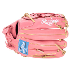 Front view of a pink Rawlings baseball glove with gold trim and a blue logo patch.