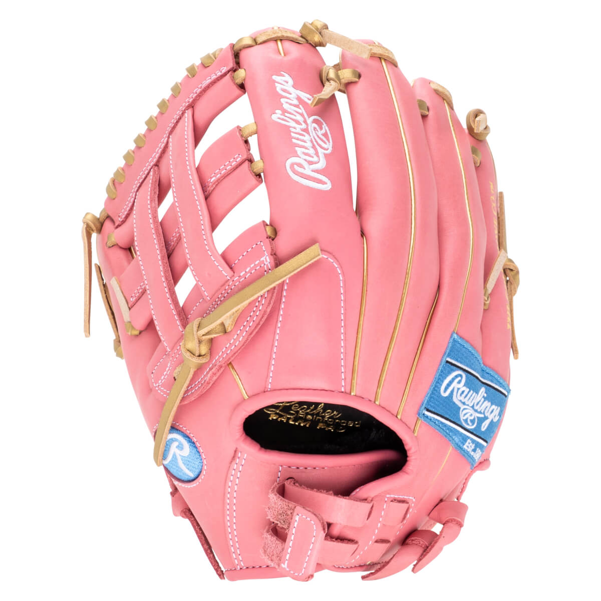 Front view of a pink Rawlings baseball glove with gold trim and white stitching.